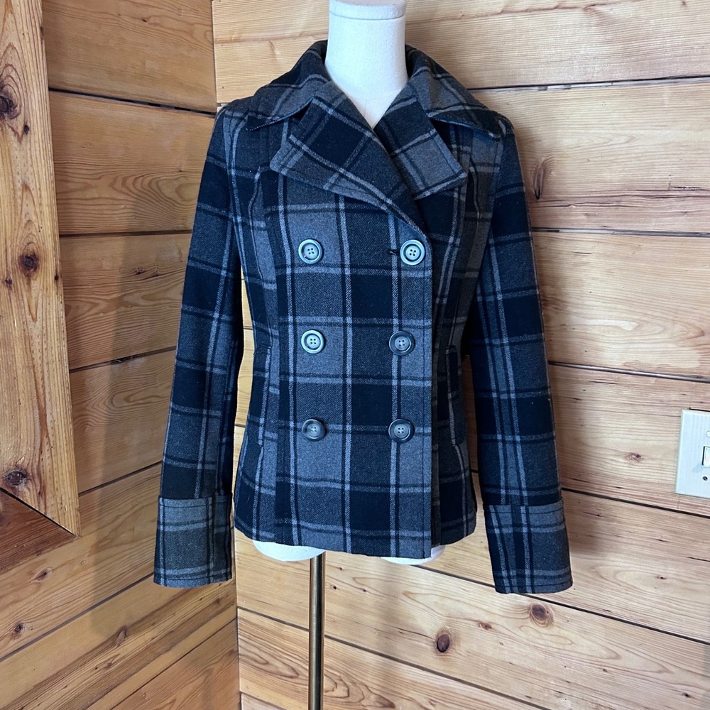 Plaid Tartan Wool Blend Peacoat Women X-Small Grey Double Breasted Old Navy